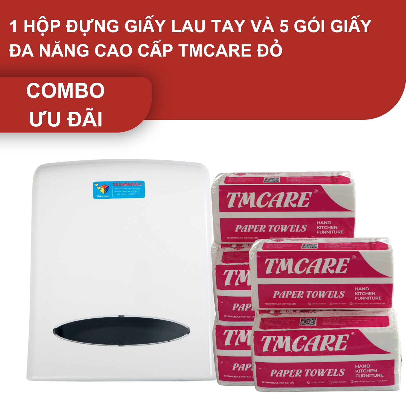 Combo ưu đãi: 1 hộp đựng giấy lau tay và 5 gói giấy đa năng cao cấp TMCARE đỏ