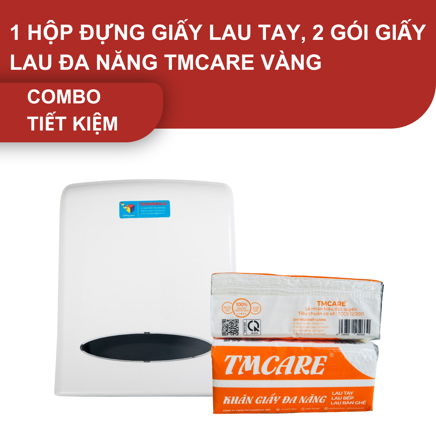 Combo 1 hộp đựng giấy lau tay 8038A và 2 gói giấy lau đa năng TMCARE vàng