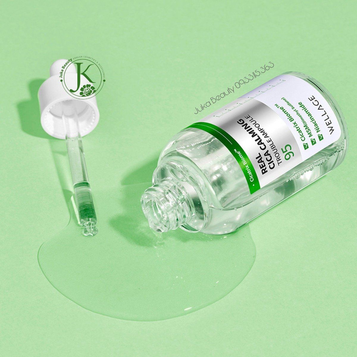 Tinh Chất Dưỡng ẩm, Phục Hồi & Dịu Da Mụn Wellage Real CICA CALMING 95 Trouble Ampoule 50ml (XANH LÁ)