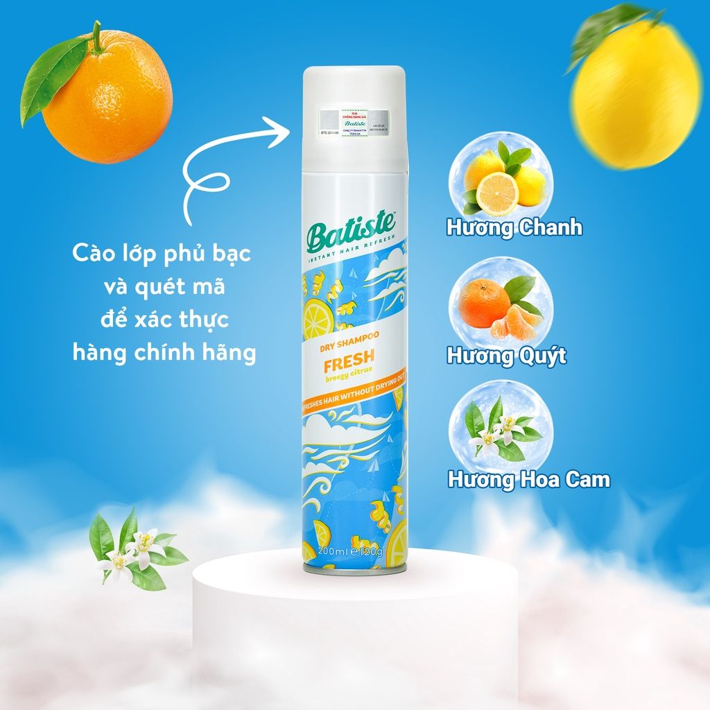 Dầu Gội Khô Sạch Tóc, Phồng Tóc Batiste Dry Shampoo 200ml