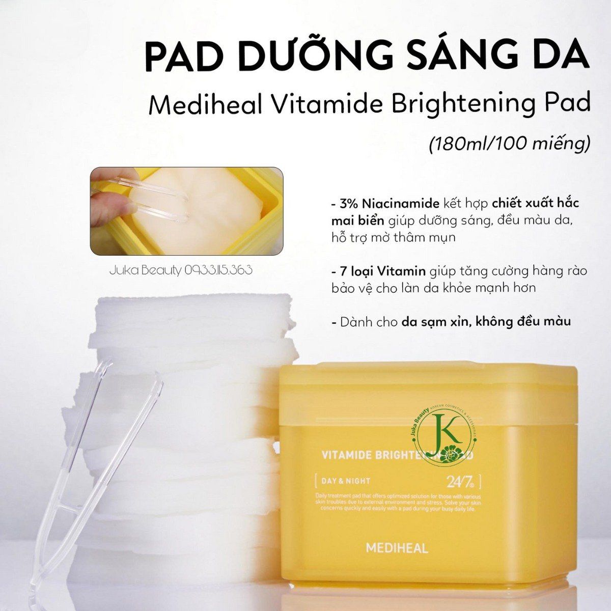Miếng Bông Dưỡng ẩm, Sáng Da Mediheal Vitamide Brightening Pad 180ml (100 miếng)