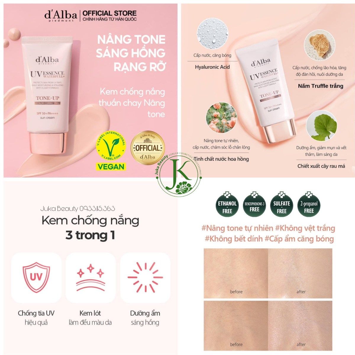 (HỒNG) Kem Chống Nắng Nâng Tone Tự Nhiên d'Alba Waterfull TONE UP PINK Correcting Sun Cream SPF50+ PA++++