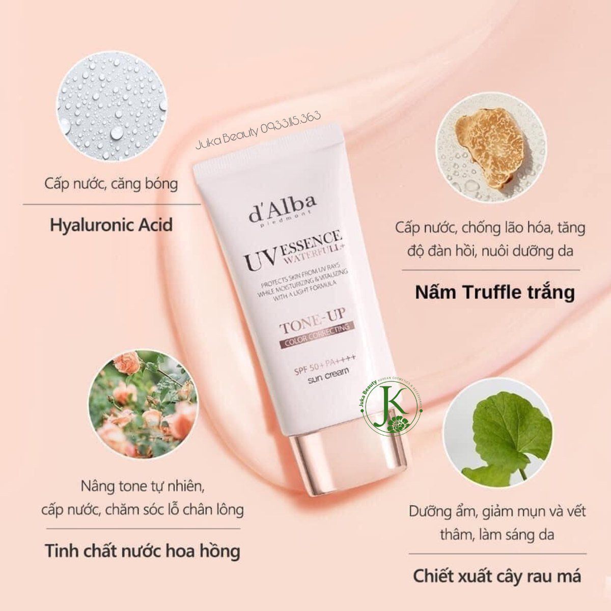 (HỒNG) Kem Chống Nắng Nâng Tone Tự Nhiên d'Alba Waterfull TONE UP PINK Correcting Sun Cream SPF50+ PA++++