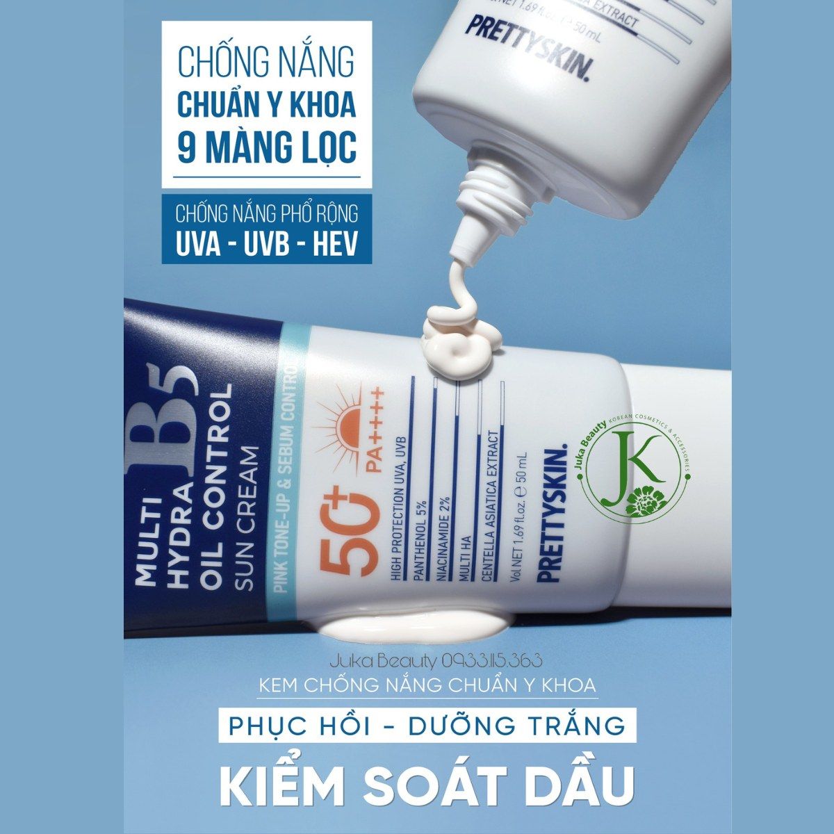  Kem Chống Nắng Kiềm Dầu, Nâng Tone Tự Nhiên Prettyskin Multi Hydra B5 Oil Control Sun Cream SPF50+ PA++++ 50ml 