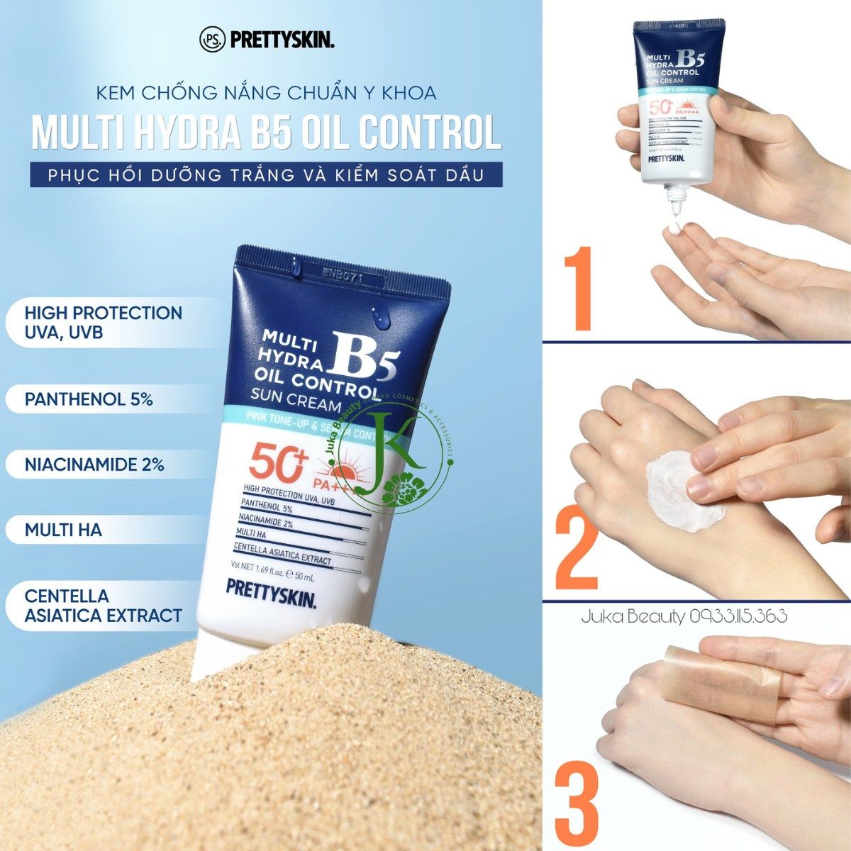 Kem Chống Nắng Kiềm Dầu, Nâng Tone Tự Nhiên Prettyskin Multi Hydra B5 Oil Control Sun Cream SPF50+ PA++++ 50ml
