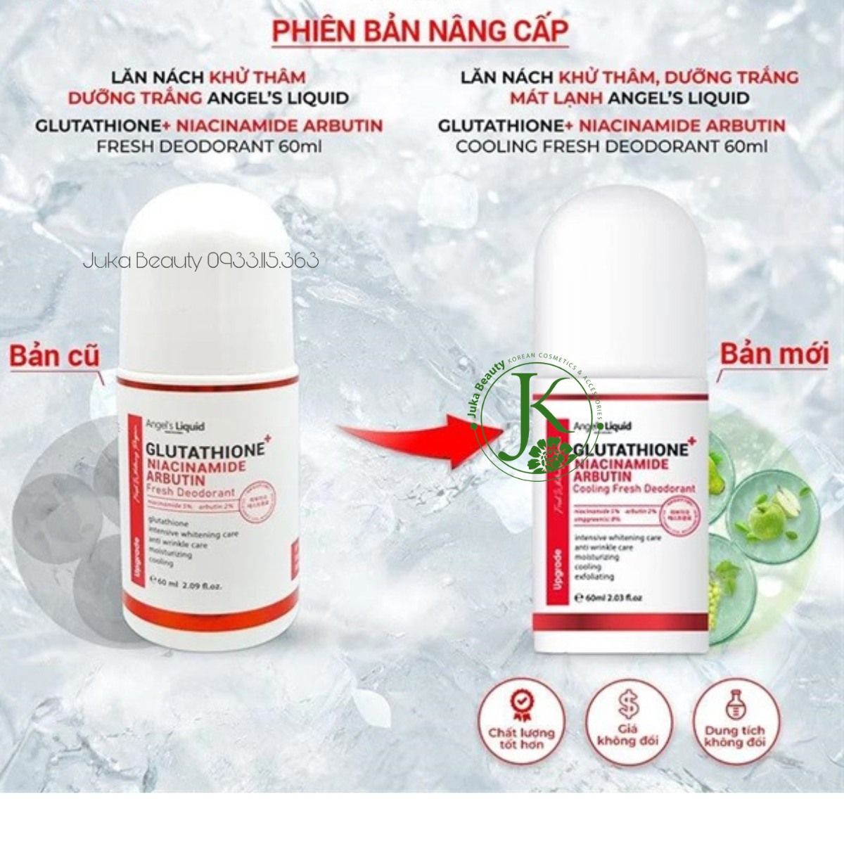 Lăn Nách Khử Mùi, Mờ Thâm Trắng Da Angel's Liquid Glutathione + Niacinamide Arbutin Cooling Fresh Deodorant 60ml