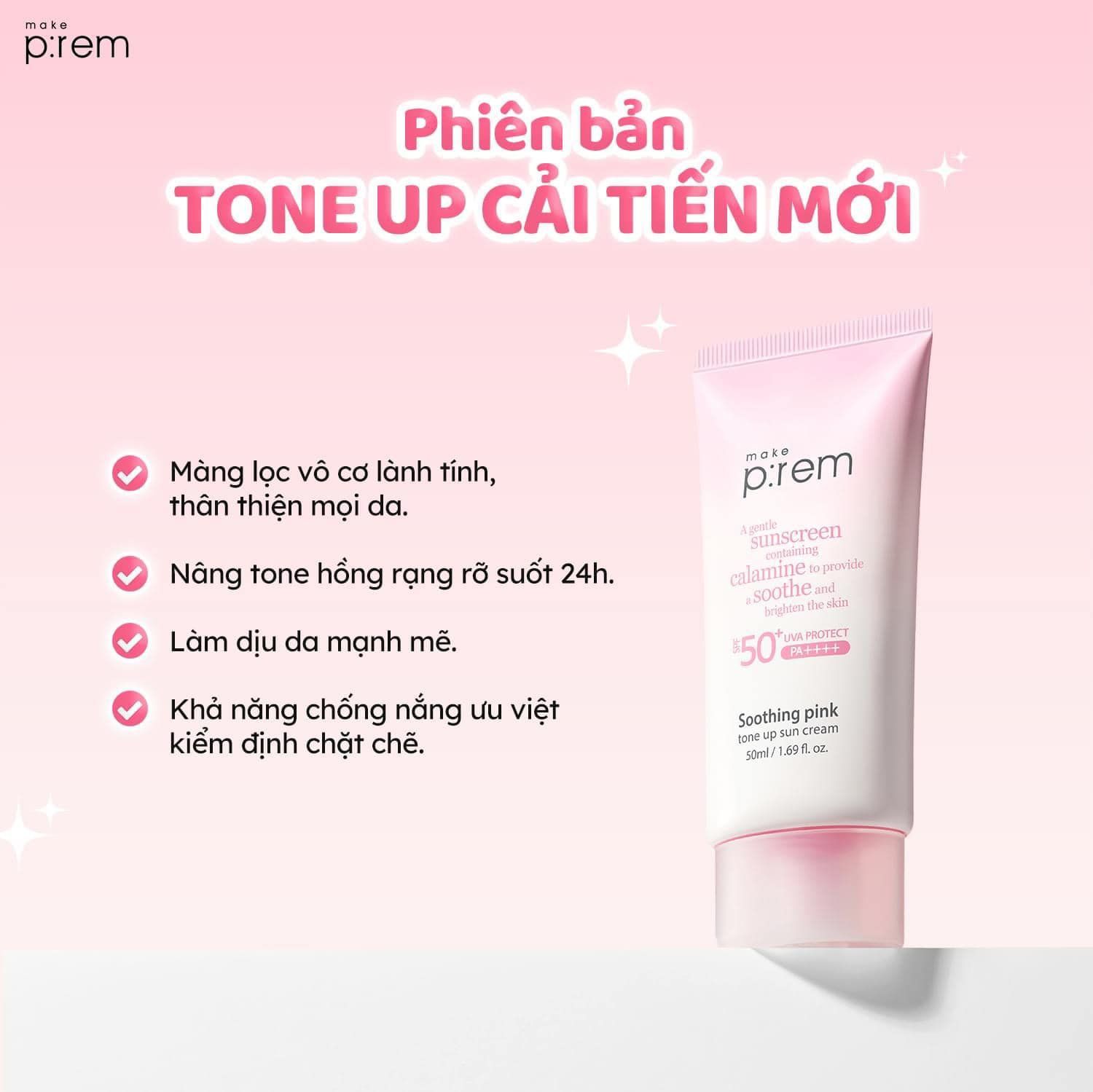 Kem Chống Nắng Nâng Tone Trắng Hồng Make P:rem Soothing Pink Tone Up Sun Cream SPF50+ PA++++ 50ml (HỒNG)
