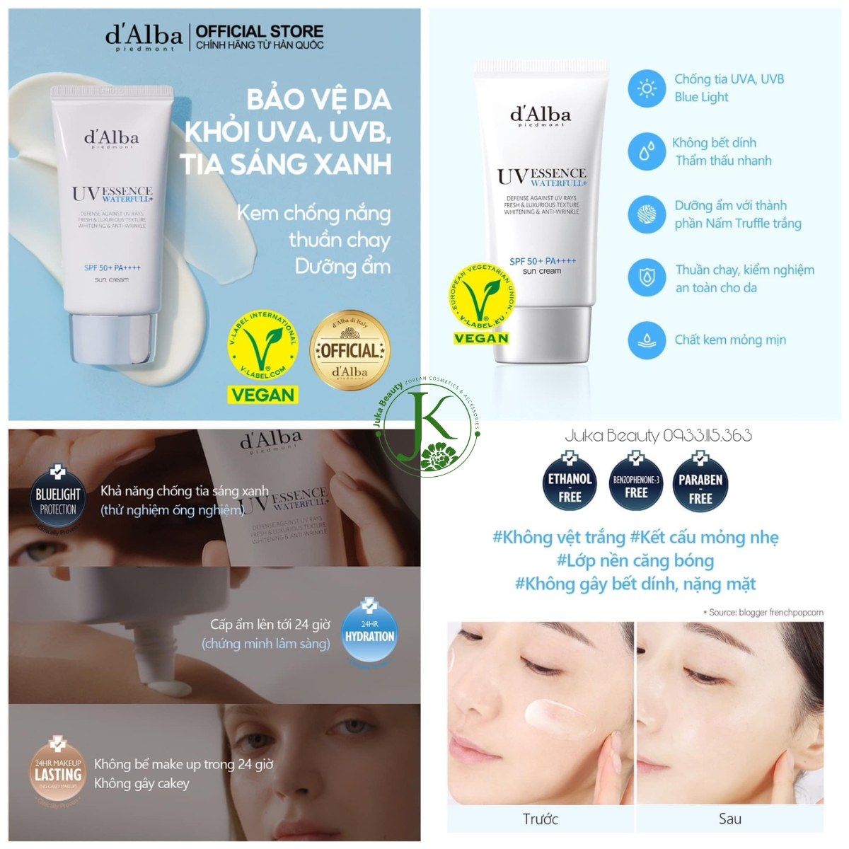 (XANH DƯƠNG) Kem Chống Nắng Dưỡng ẩm D'Alba Waterfull Essence Sun Cream SPF50+ PA++++ 50ml