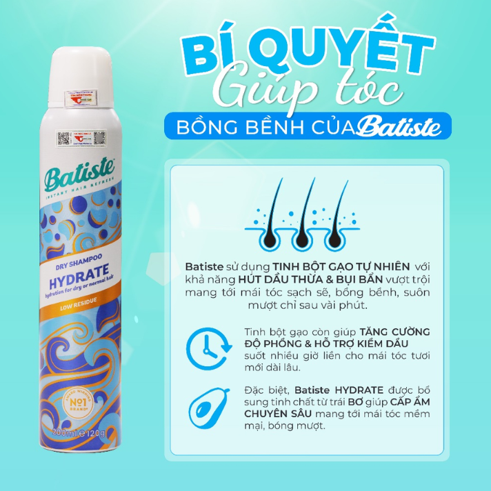 Dầu Gội Khô Sạch Tóc, Phồng Tóc Batiste Dry Shampoo 200ml