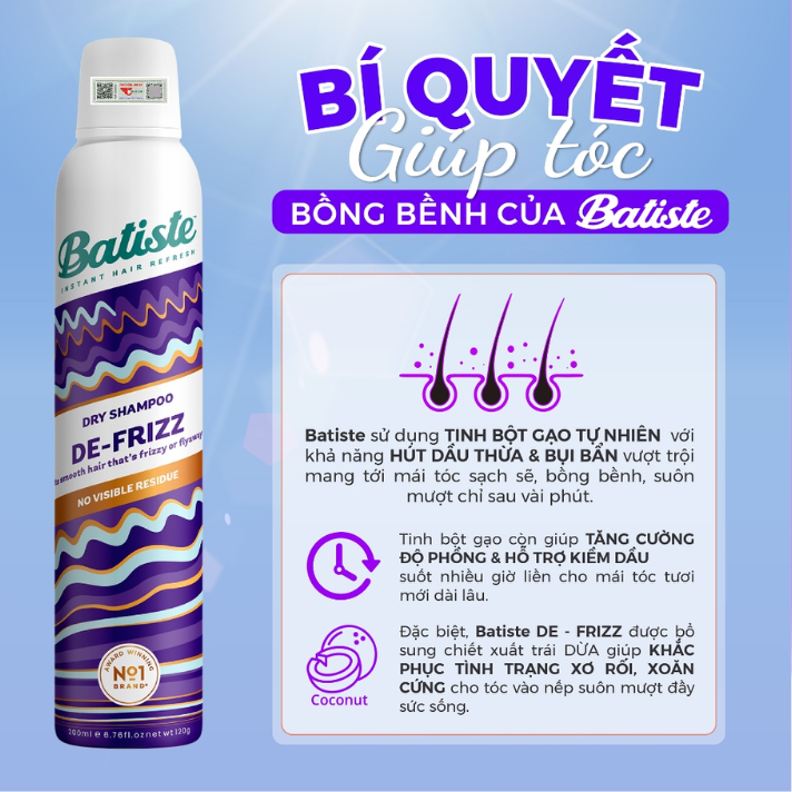 Dầu Gội Khô Sạch Tóc, Phồng Tóc Batiste Dry Shampoo 200ml