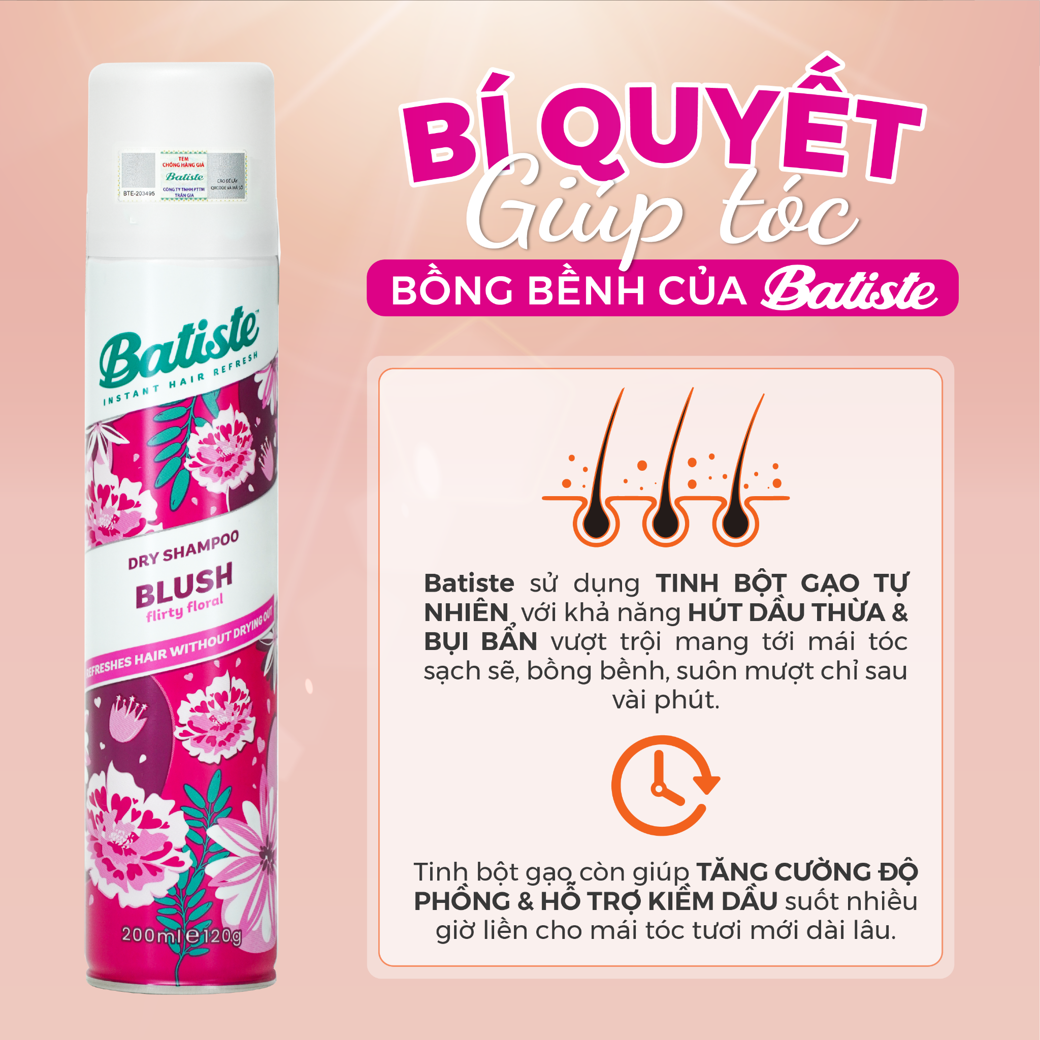 Dầu Gội Khô Sạch Tóc, Phồng Tóc Batiste Dry Shampoo 200ml