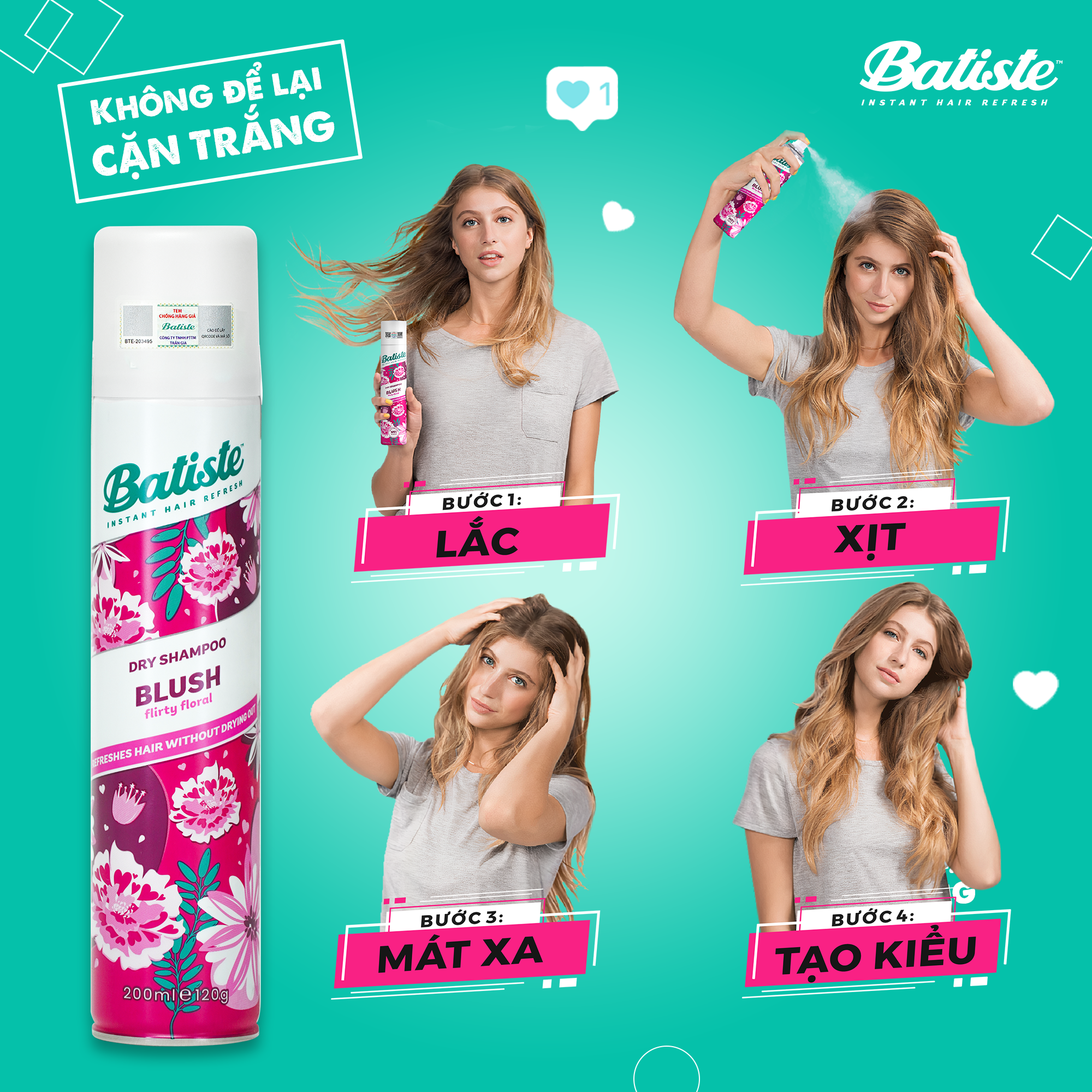 Dầu Gội Khô Sạch Tóc, Phồng Tóc Batiste Dry Shampoo 200ml