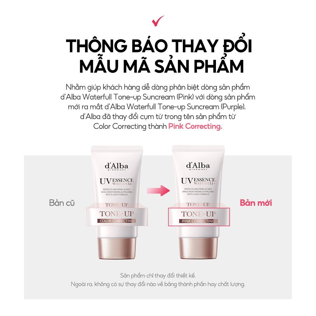 (HỒNG) Kem Chống Nắng Nâng Tone Tự Nhiên d'Alba Waterfull TONE UP PINK Correcting Sun Cream SPF50+ PA++++