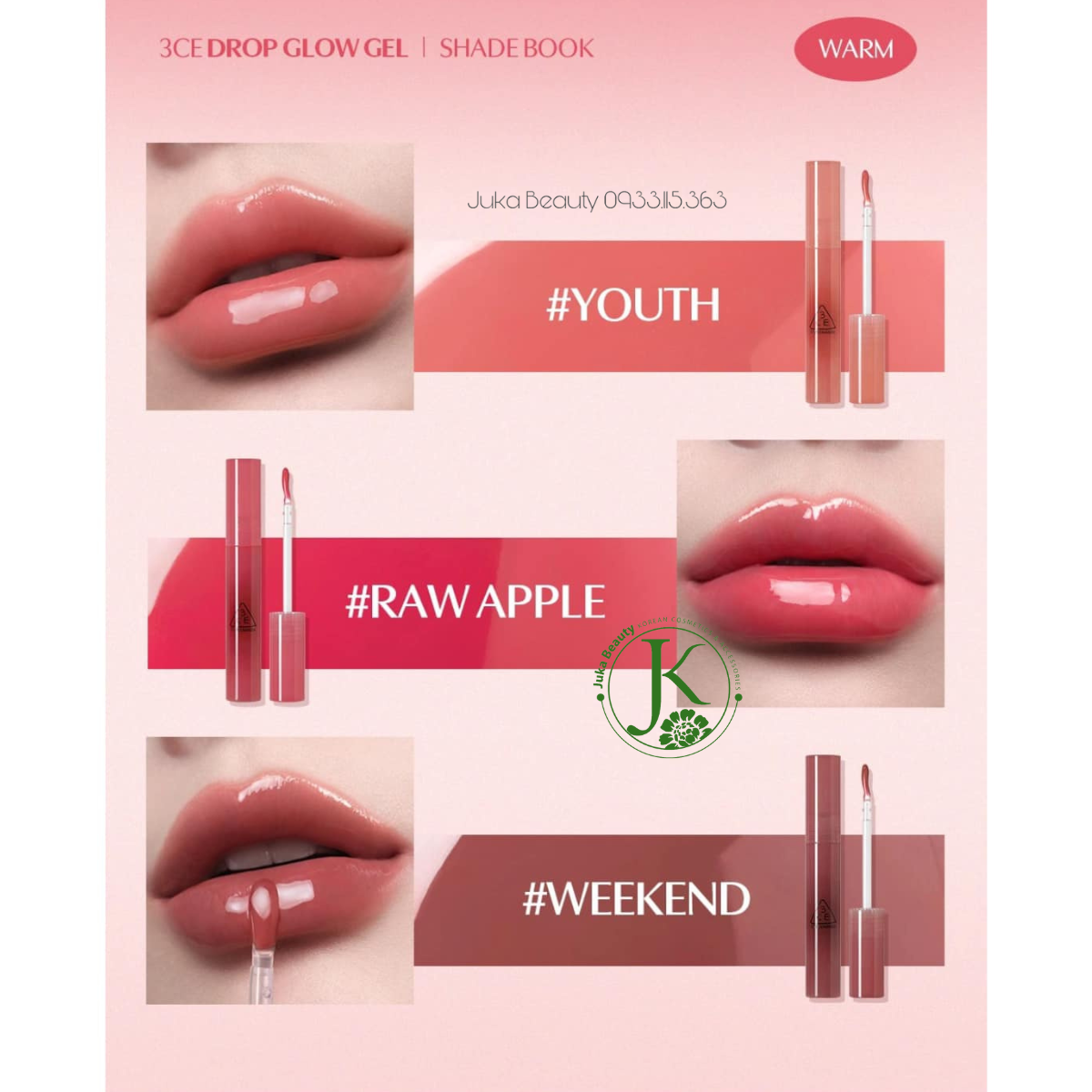 (NEW) Son Bóng Dạng Gel, Căng Mọng Môi 3CE Drop Glow Gel 4g