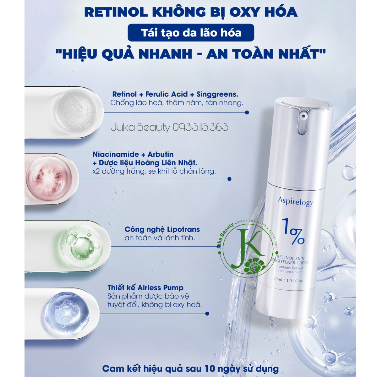 (DATE T10.2025) Kem Dưỡng Trắng, Tái Tạo Da Aspirelogy 1.0%, 0.5%, 0.3% Retinol Skin Brightener Cream 30ml