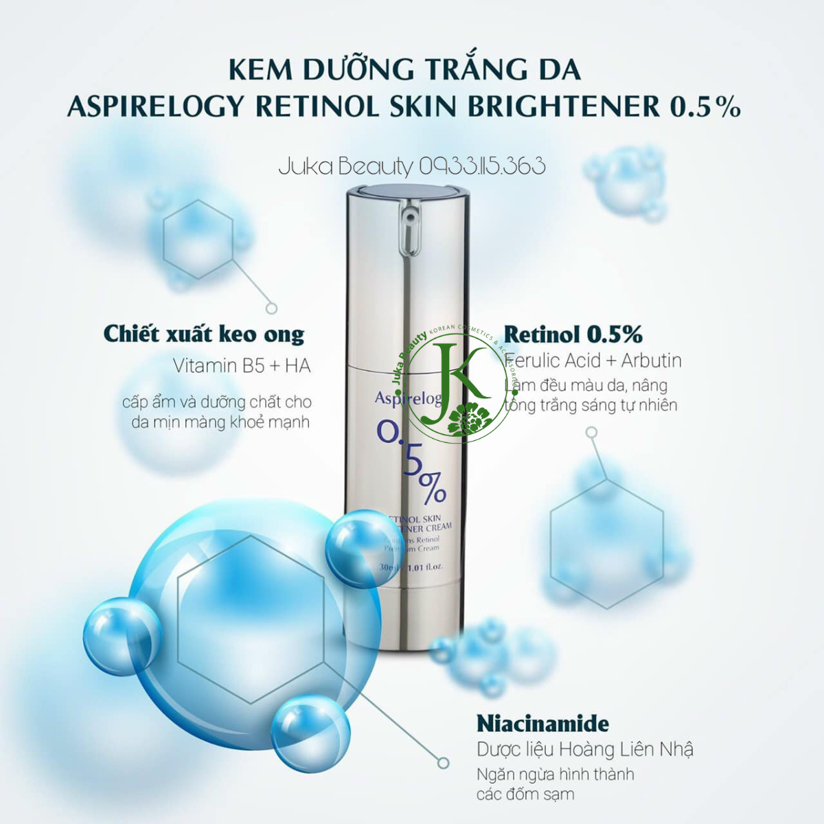 (DATE T10.2025) Kem Dưỡng Trắng, Tái Tạo Da Aspirelogy 1.0%, 0.5%, 0.3% Retinol Skin Brightener Cream 30ml