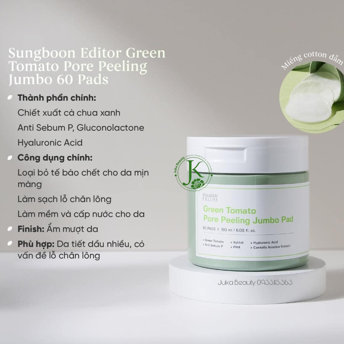 Toner Pad Cà Chua Xanh Thu Nhỏ Lỗ Chân Lông Sungboon Editor Green Tomato Pore Peeling Jumbo Pad 180ml (60 miếng)