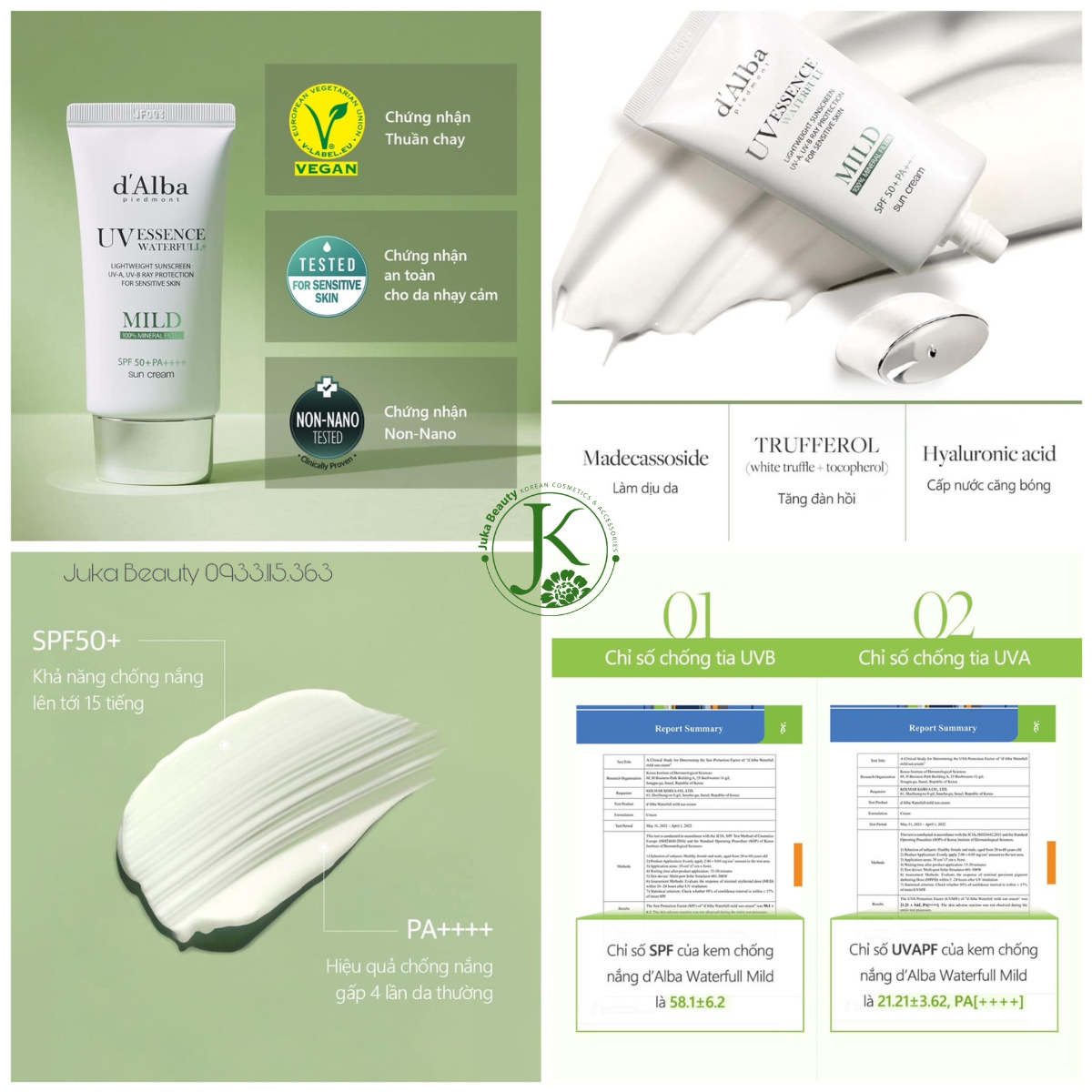 (XANH LÁ) Kem Chống Nắng Dịu Da, Không Nâng Tone D'Alba Waterfull MILD Sun Cream SPF50+ PA++++ 50ml