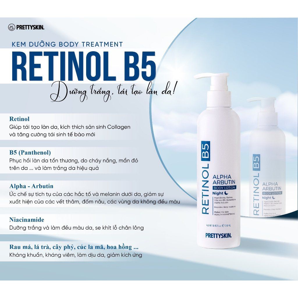 Dưỡng Thể Trắng Da Ban Đêm Body Treatment PrettySkin Retinol B5 Alpha Arbutin Body Lotion 250ml (XANH)