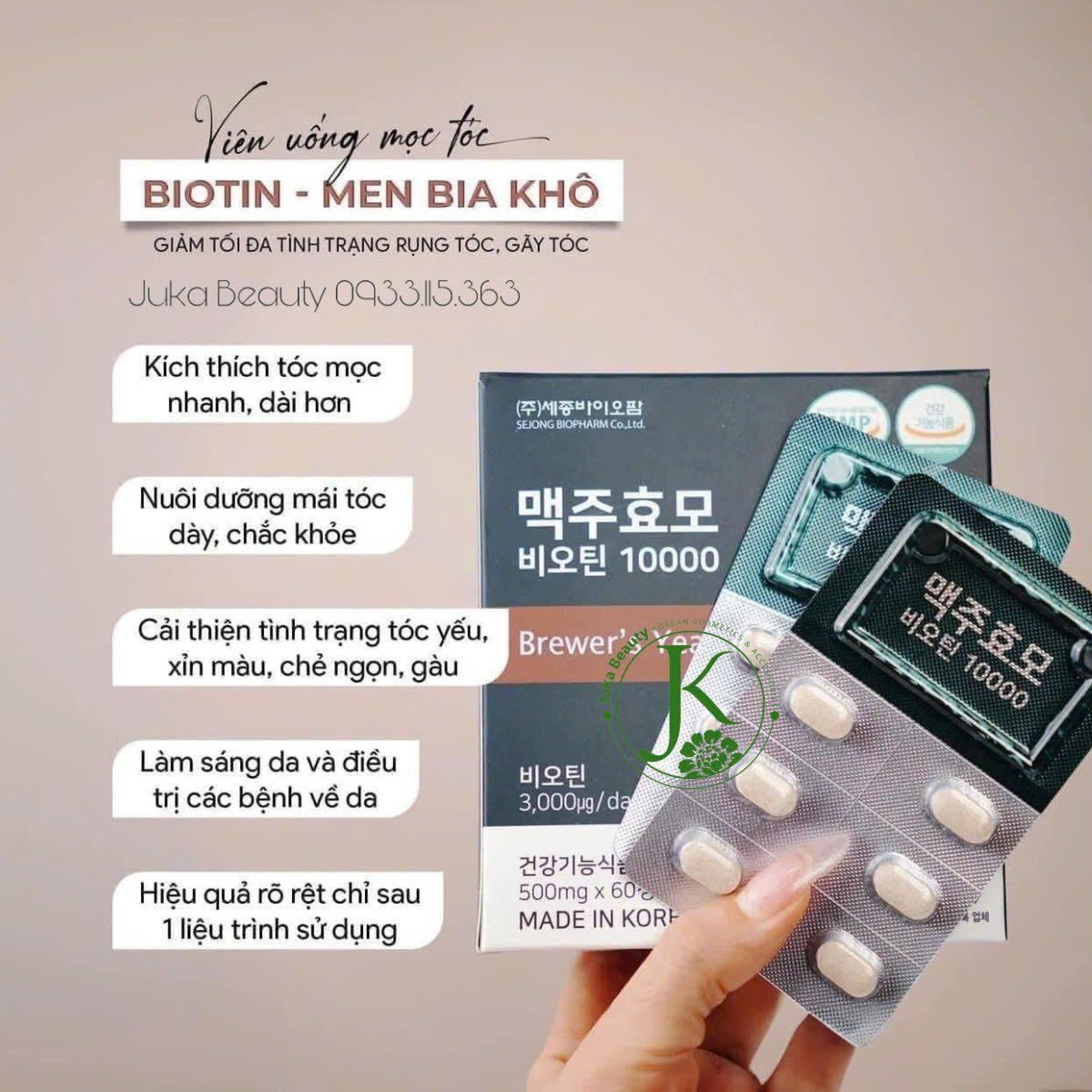 Viên Uống Hỗ Trợ Mọc Tóc, Giảm Rụng Tóc Sejong Biopharm Brewer's Yeast Biotin (60 viên)