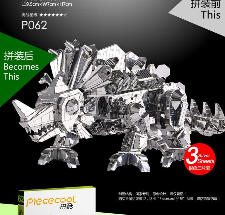 Mô Hình Kim Loại Lắp Ráp 3D Triceratops (Khủng Long 3 Sừng) (Silver) – Piececool MP150