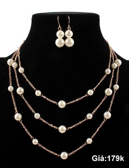 Bộ vòng cổ bông tai layer hạt châu
