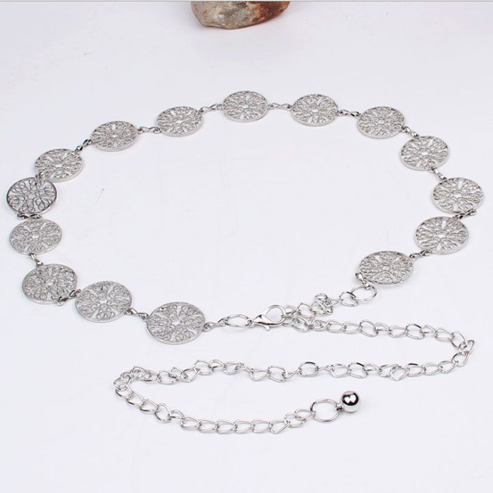 Thắt lưng hợp kim khoen tròn họa tiết bạc