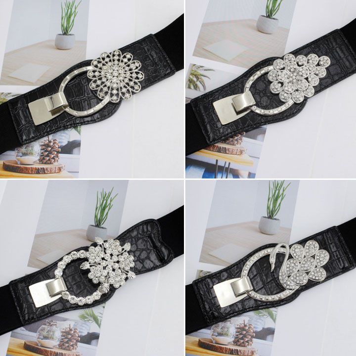 Thắt lưng thun đen khóa đính hạt đá
