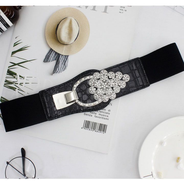 Thắt lưng thun đen khóa đính hạt đá