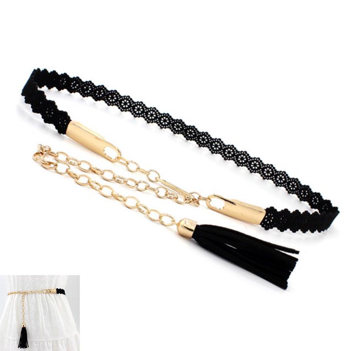 Madam Dzi Thắt lưng cut out tua rua đen