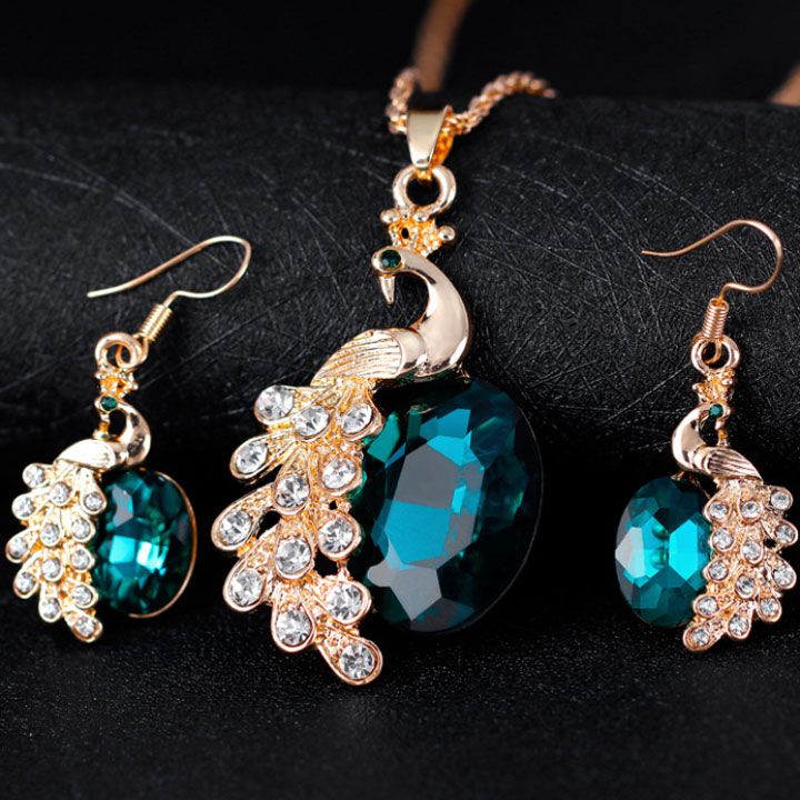 Bộ vòng cổ bông tai chim công xanh