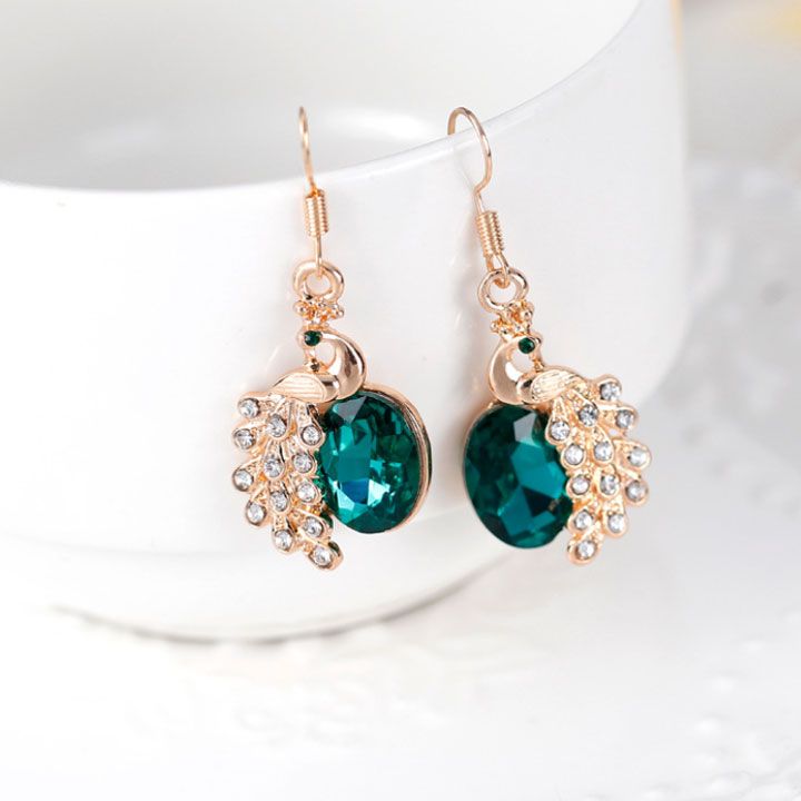 Bộ vòng cổ bông tai chim công xanh