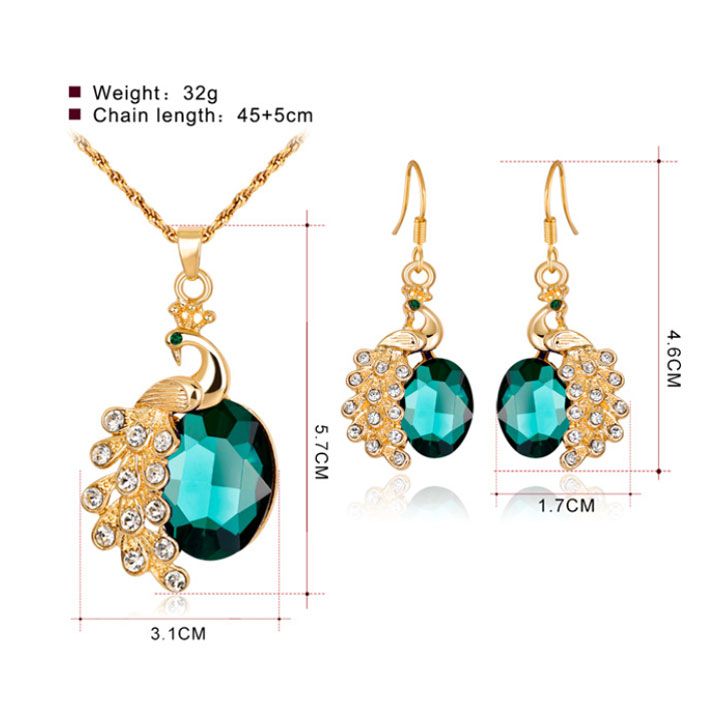 Bộ vòng cổ bông tai chim công xanh