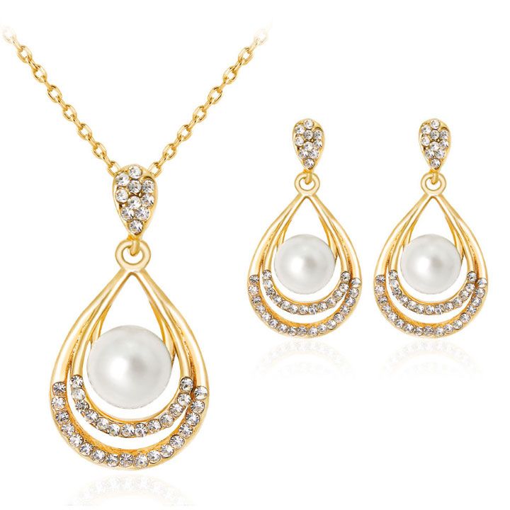 Bộ vòng cổ bông tai hạt châu giọt nước