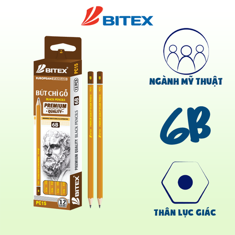 1 Hộp Bút chì mỹ thuật 6B Premium nhúng đầu PC15 (12 cây/hộp)