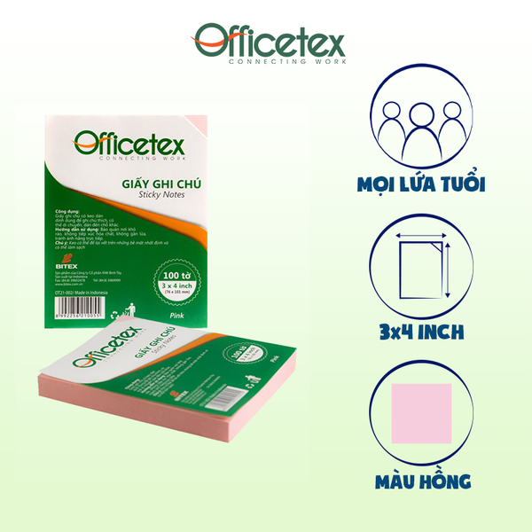 Giấy ghi chú Officetex 3 x 4 màu hồng