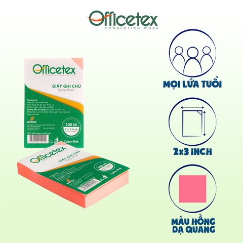 Giấy ghi chú Officetex 3 x 2 cyber màu hồng dạ quang