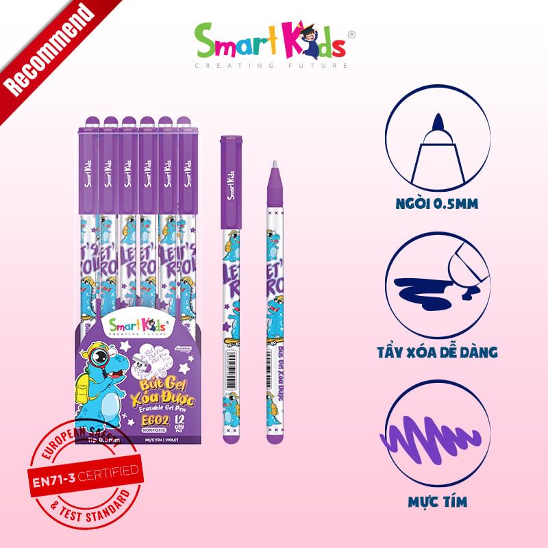 Bút gel xóa được Smartkids Dino EG02 ngòi 0.5mm (mực tím - đen - xanh)