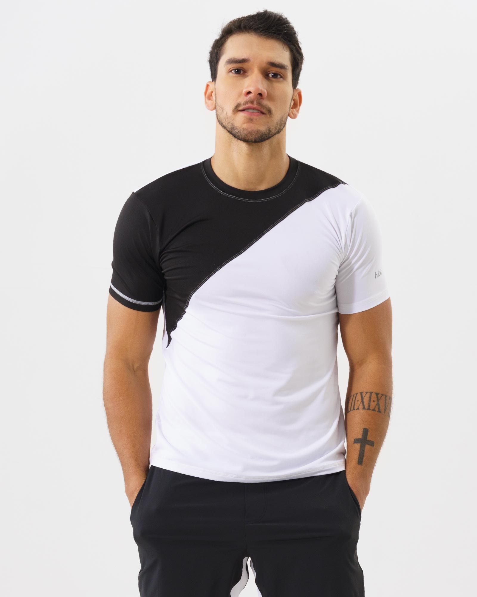 Áo tập gym nam Hibi Sports T102, phối màu chéo, form ôm vừa, kiểu ngắn tay