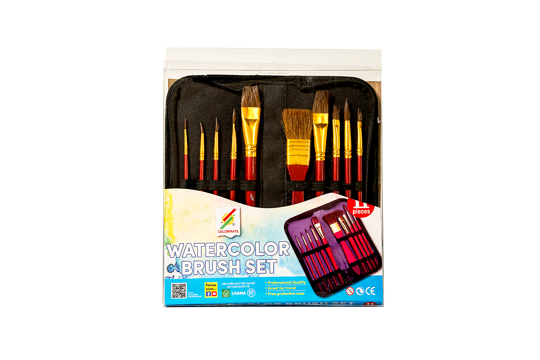 Bộ 10 cây cọ vẽ màu nước tặng túi đựng cọ-Colormate