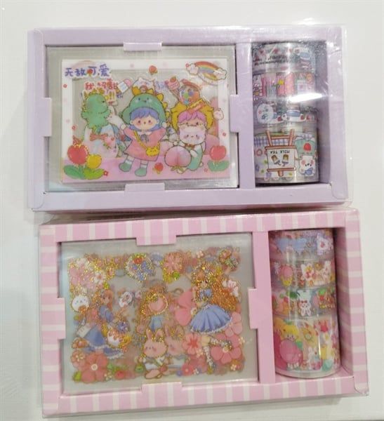 Hộp sticker kim tuyến và cuộn keo
