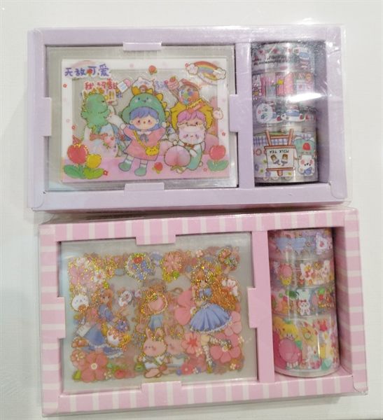 Hộp sticker kim tuyến và cuộn keo