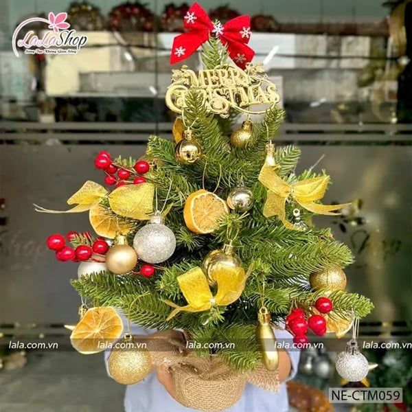 Cây thông Noel lá PE trái đỏ 45cm sắc vàng