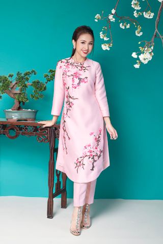 Bộ AD taffeta hoa đào dây Hồng