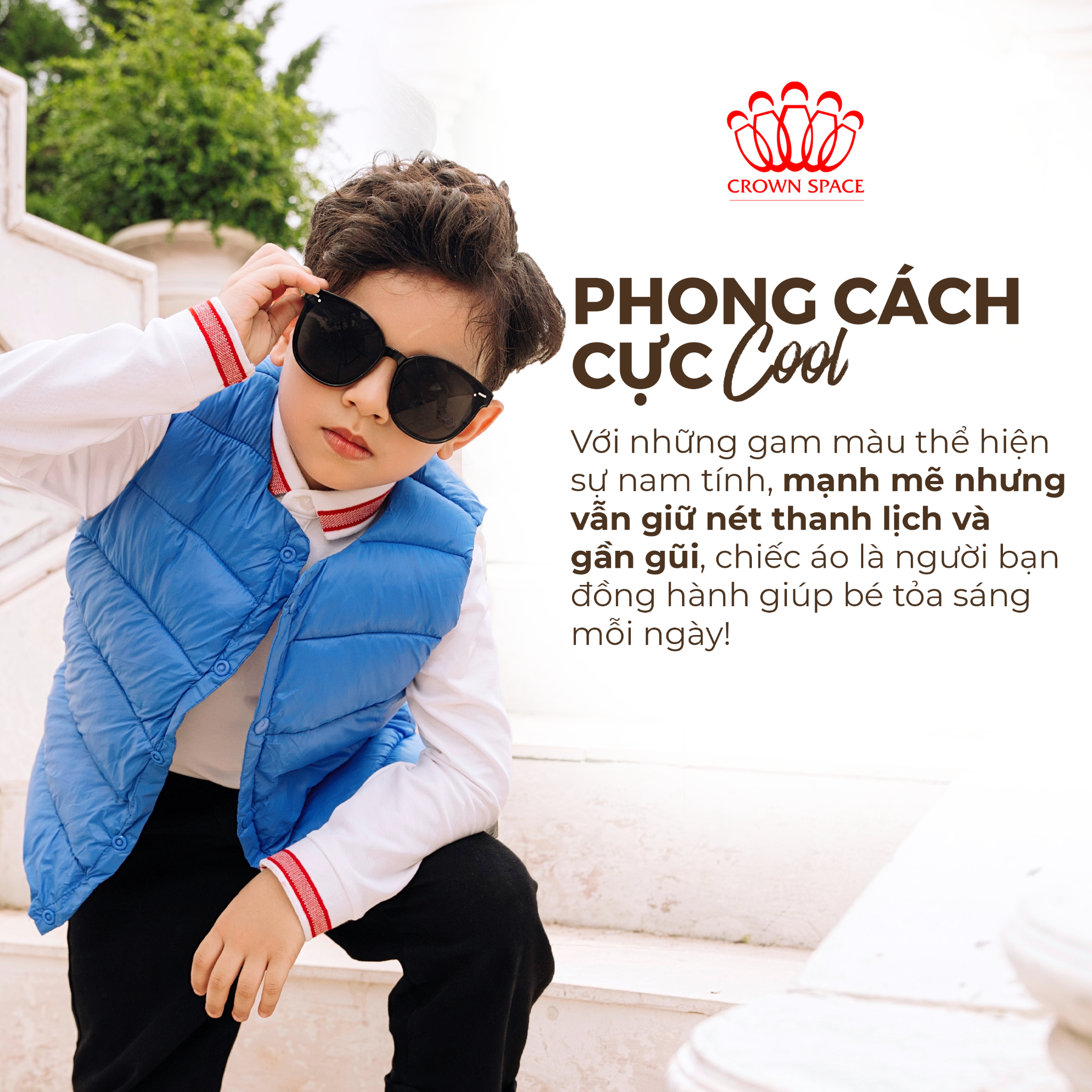 Áo Phao Gile Bé Trai Trần Bông Màu Xanh Rêu | Crown Space CKBS5341403