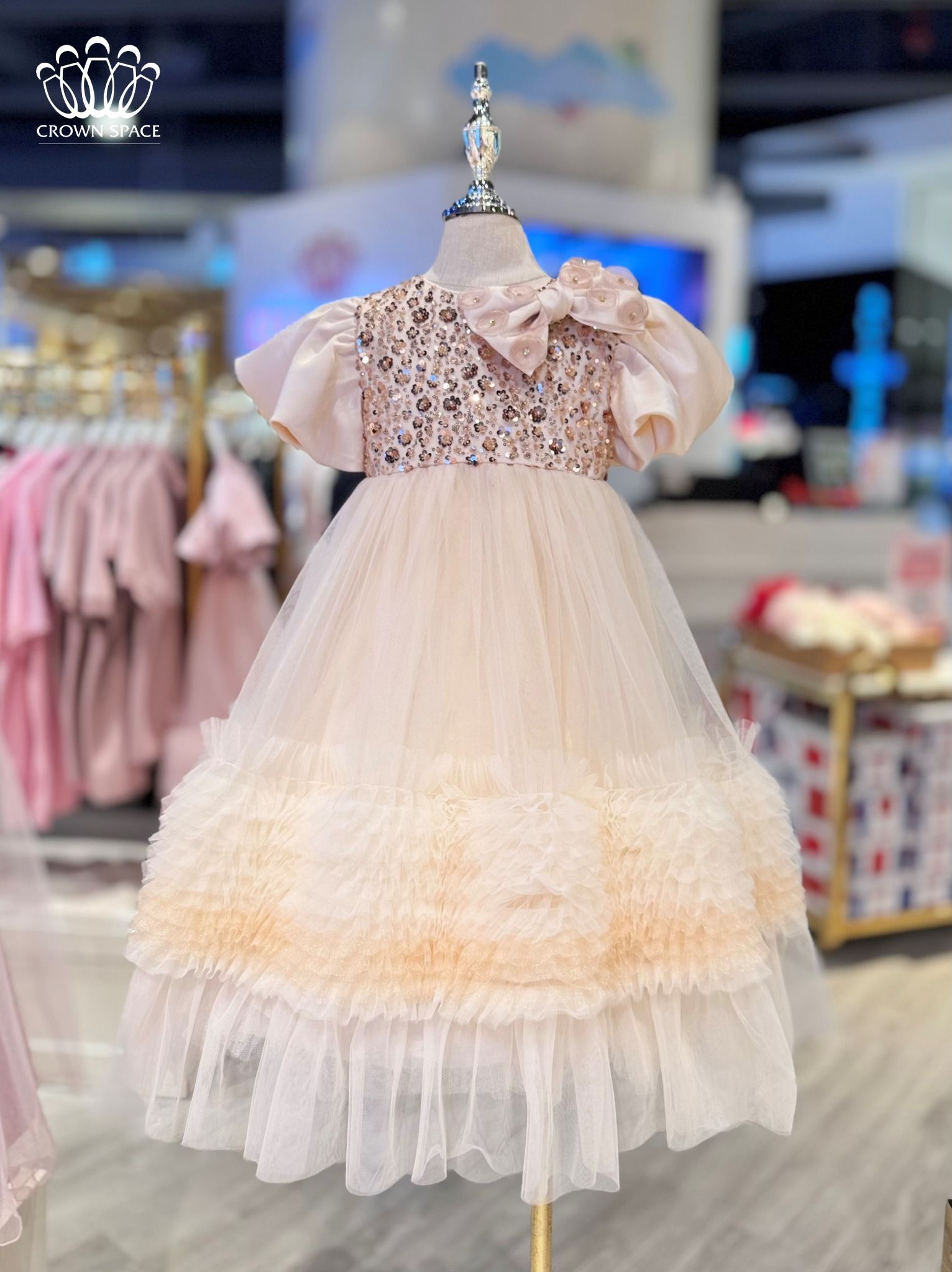 Váy Công Chúa Bé Gái Tay Bồng Ngắn Đính Nơ, Kiêu Sa, Thoải Mái | Crown Space CKGS3850112