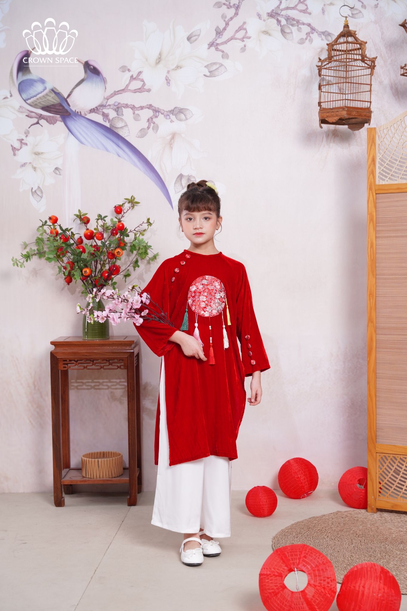 Áo Dài Nhung Màu Đỏ Bé Gái Sang Trọng | Crown Space CKGL9933107 CKGL9933108