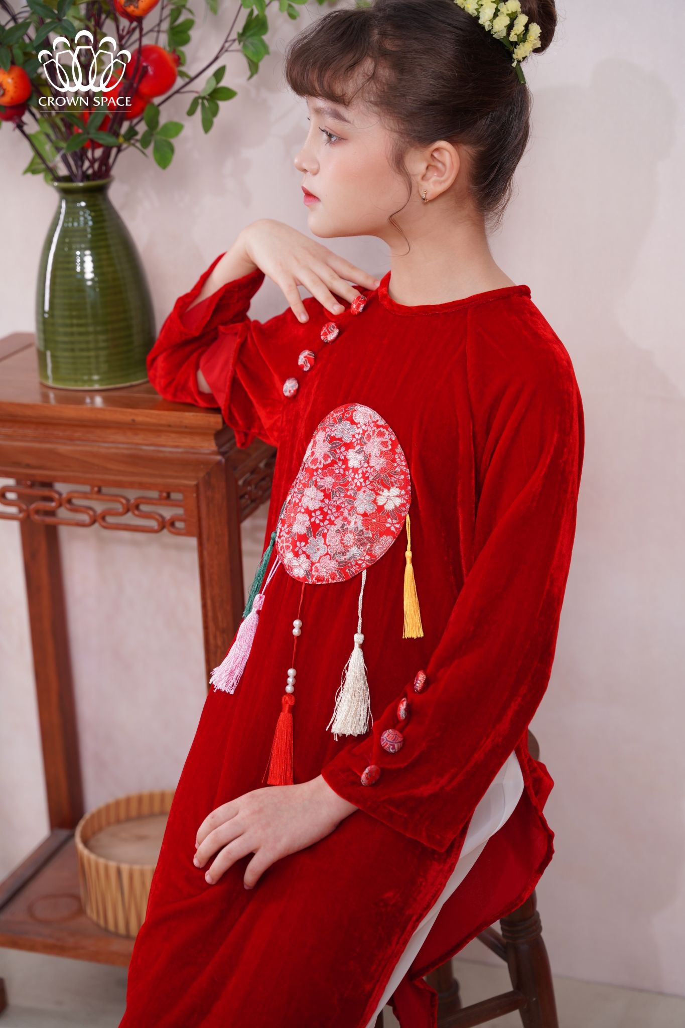 Áo Dài Nhung Màu Đỏ Bé Gái Sang Trọng | Crown Space CKGL9933107 CKGL9933108