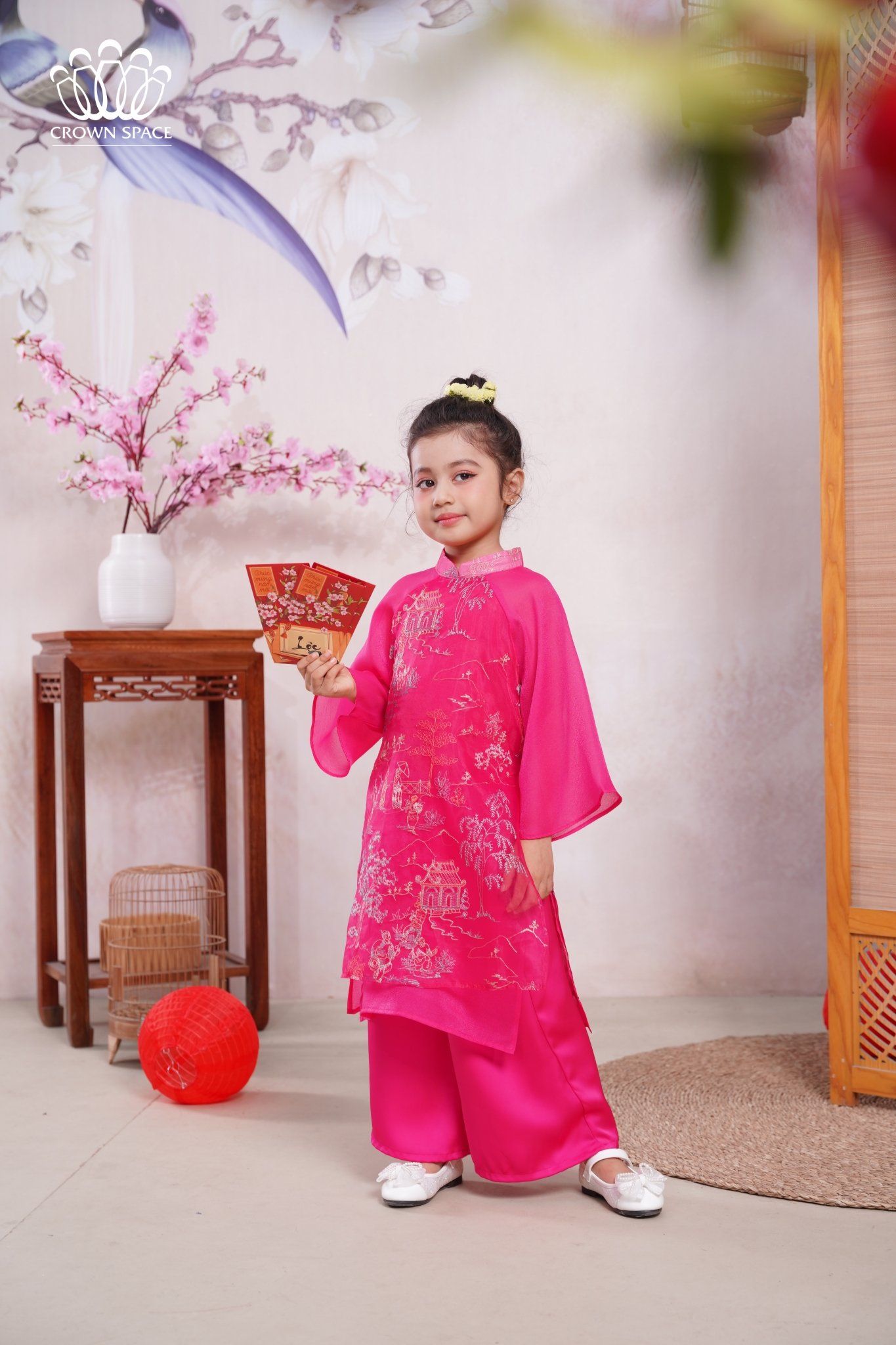 Áo Dài Voan Dành Cho Bé Gái Crown Kids Cao Cấp CKGL9933101 Size 14 - 25Kg