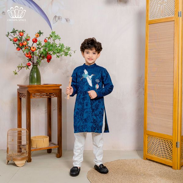  Áo Dài Gấm Dành Cho Bé Trai Crown Kids Cao Cấp CKBL9933111 Size 11 - 37Kg 